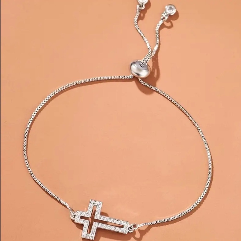 Silver Sideways Cross Bolo Bracelet Adjustable Pave Crystal Religious Jewelry